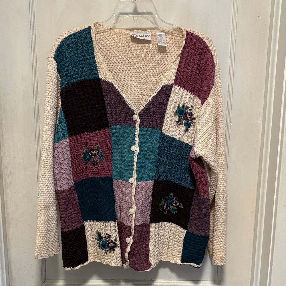 Vintage TanJay Petites Grabdmacore Colorful Patchwork Floral Cardigan Sweater M